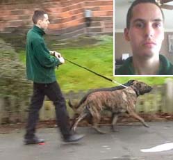 Jake Soden out walking his dogs; inset shows close-up of Soden's face